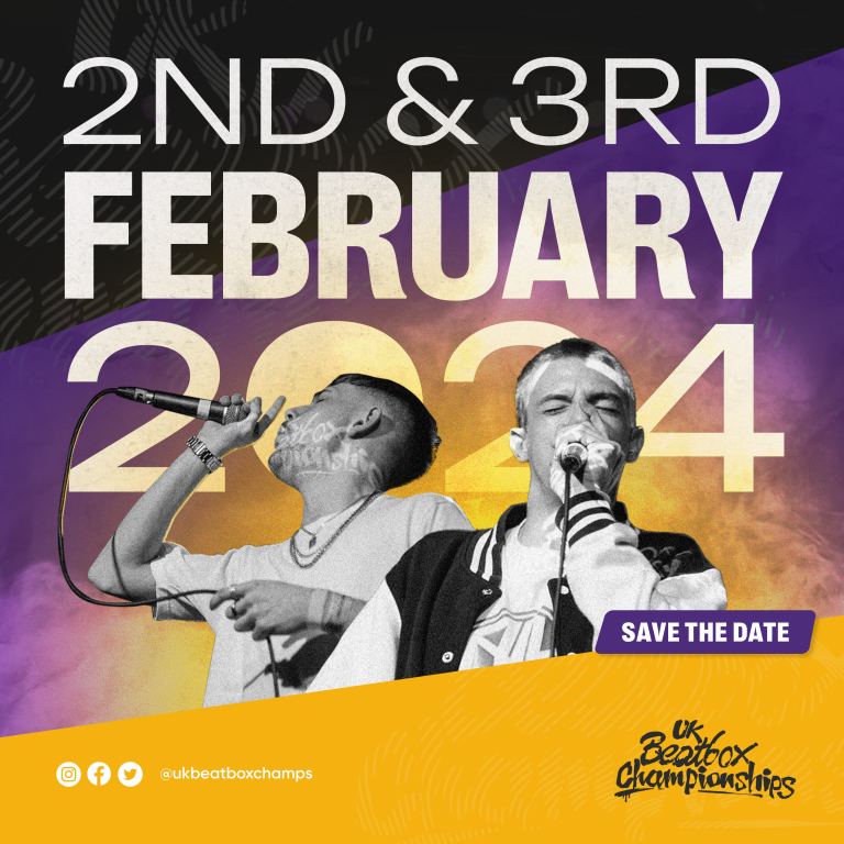 UKBC Save The Date image in yellow and purple with two images of beatboxers and the date 2nd & 3rd February 2024